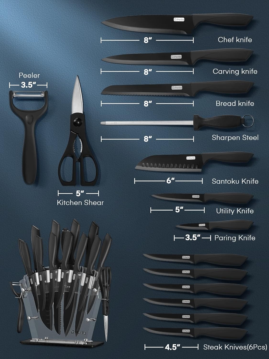 Kit de Cuchillos D. Perlla con Soporte Acrilico Negros J1-AB112