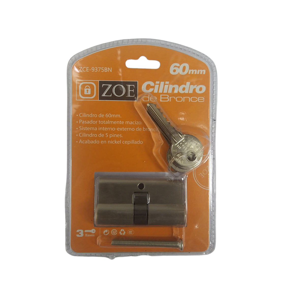 Cilindro Zoe 60mm Llave Sencilla ZCE-9375BN