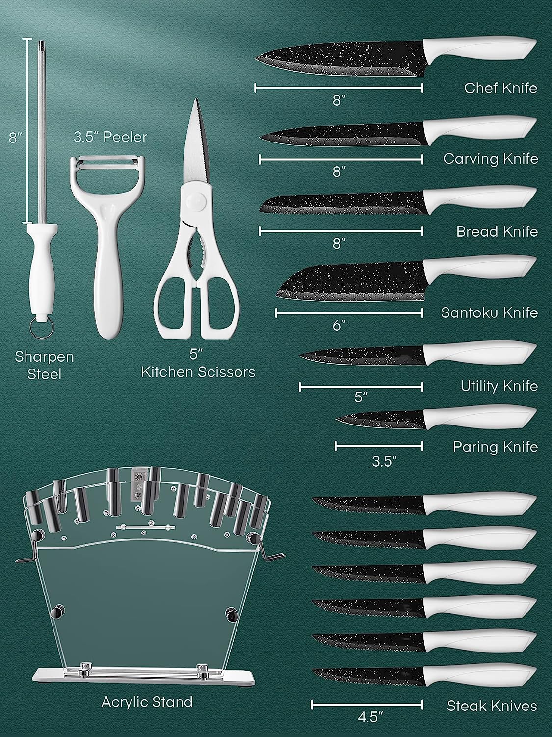 Kit de Cuchillos Deik con Soporte Acrilico - Mango Blanco