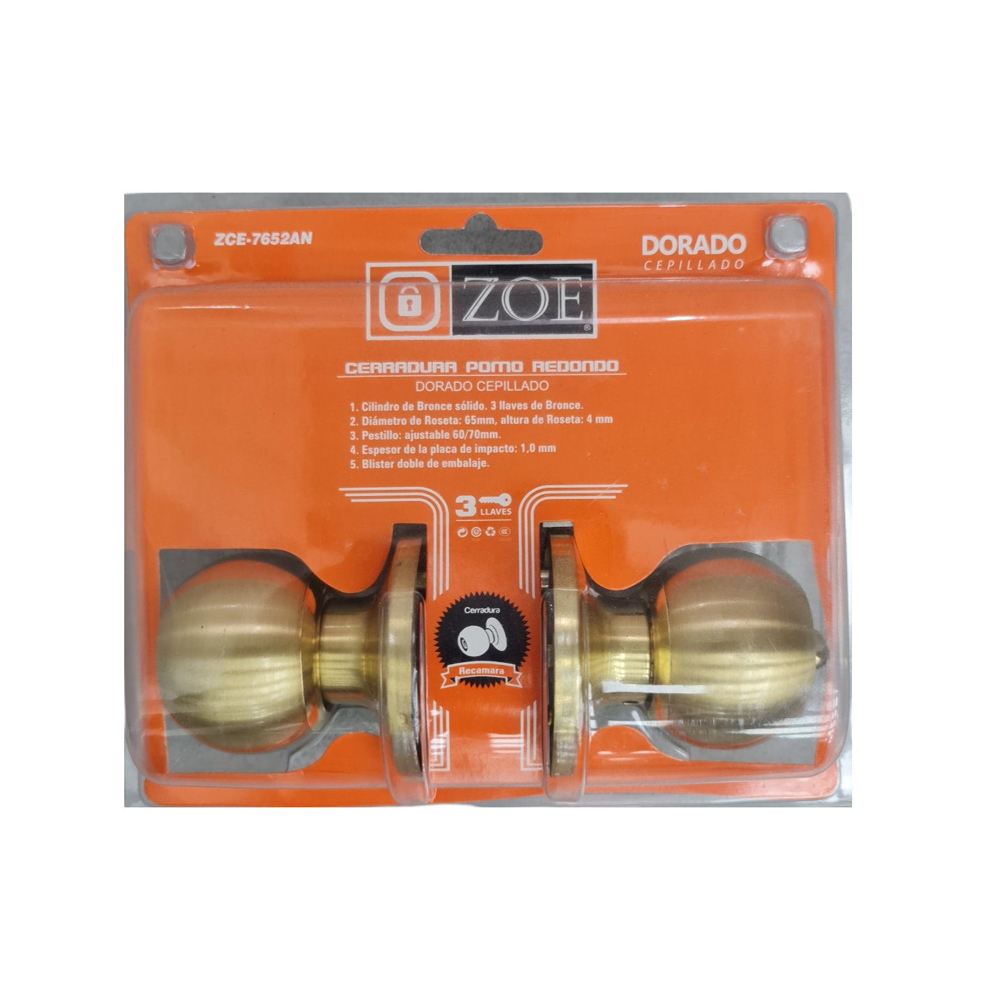Cerradura Zoe para Habitacion Dorada (Tipo Esfera) ZCE-7652AN