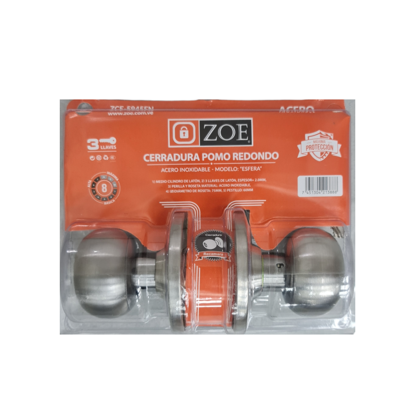 Cerradura Zoe de Habitación (Roseta 75mm) ZCE-5945FN