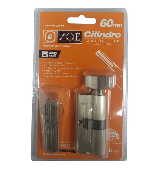 Cilindro Zoe 60mm (Pomo - Llave) Llave de Seguridad