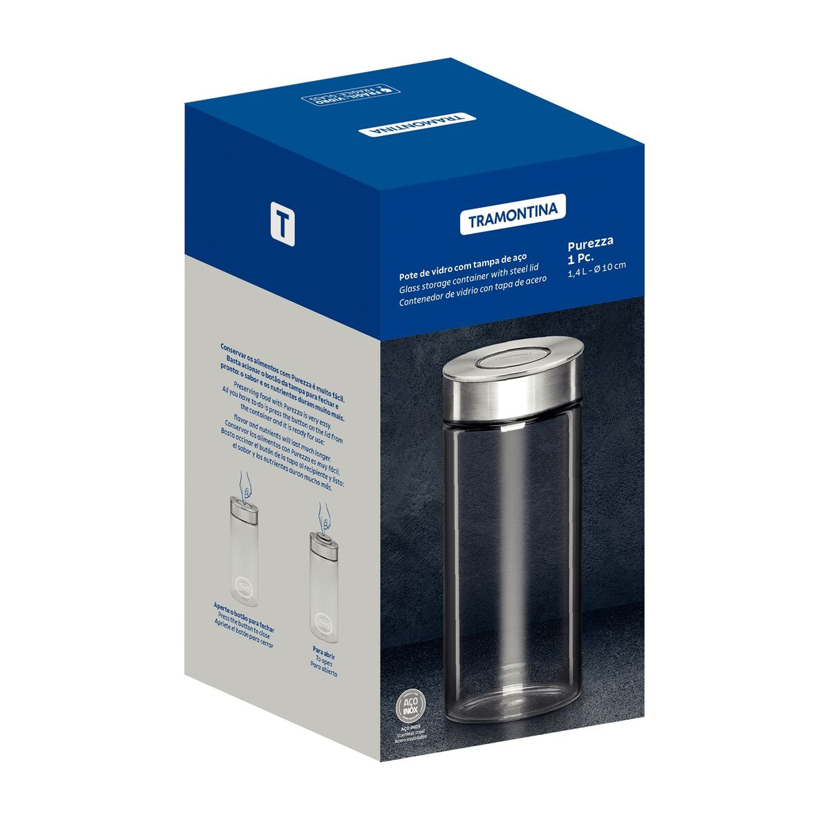 Envase de Vidrio Tramontina con Tapa de Acero Inoxidable 1.4Lts