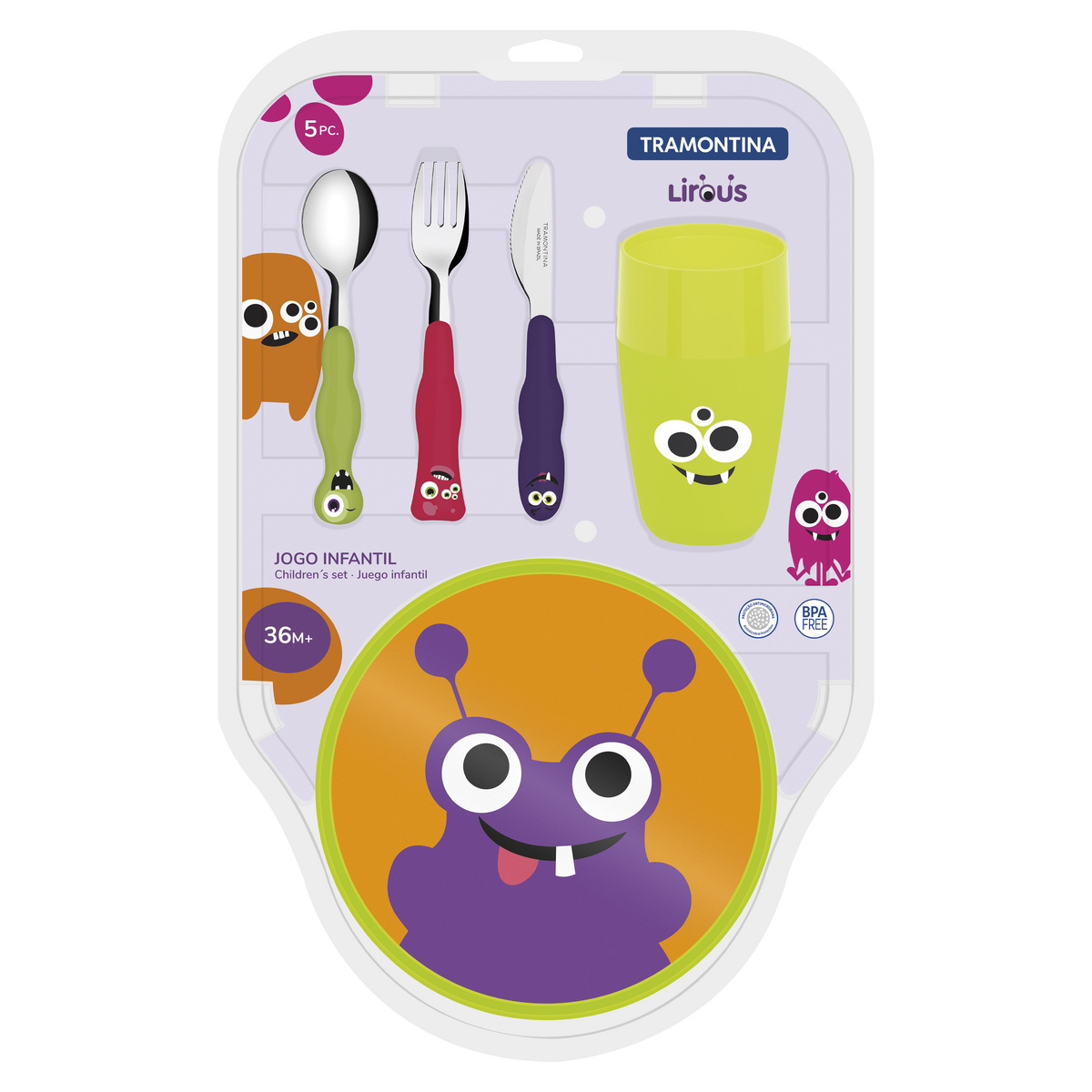 Set Infantil Tramontina Lirous Colorido 5 Piezas Cubiertos, Plato y Vaso