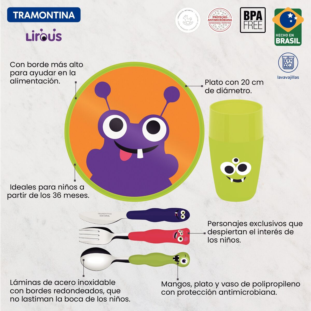 Set Infantil Tramontina Lirous Colorido 5 Piezas Cubiertos, Plato y Vaso
