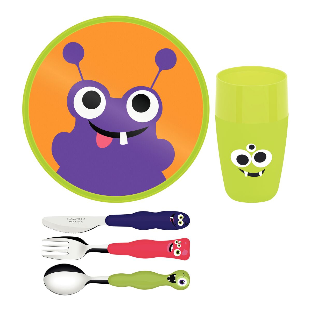 Set Infantil Tramontina Lirous Colorido 5 Piezas Cubiertos, Plato y Vaso