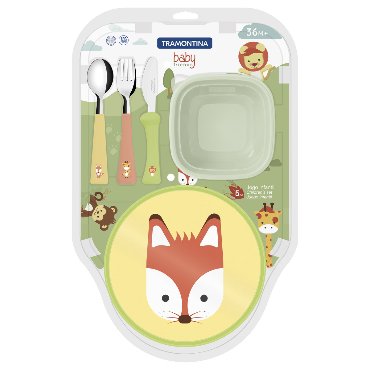 Set Infantil Tramontina Lirous Colorido 5 Piezas Cubiertos, Plato y Envase