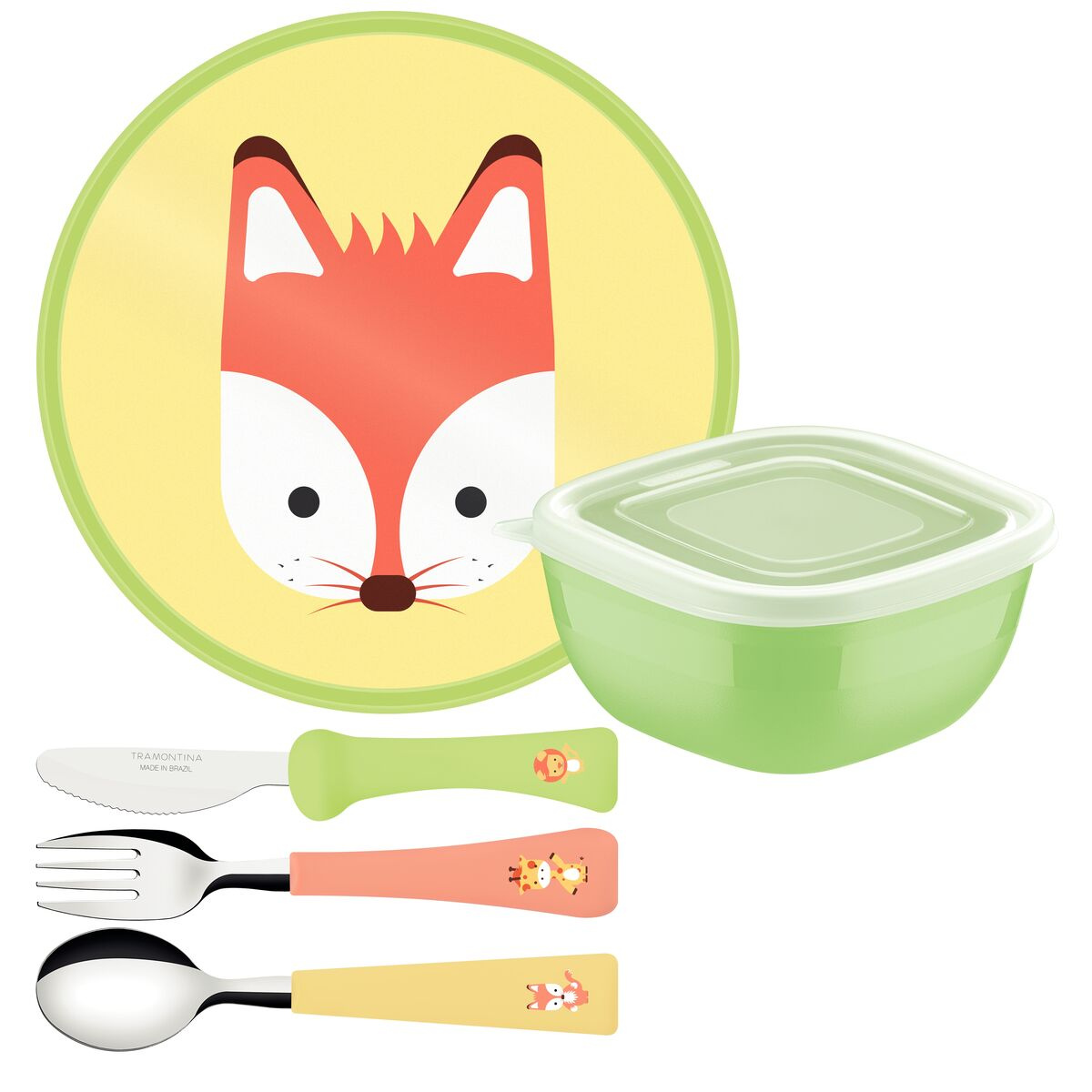 Set Infantil Tramontina Lirous Colorido 5 Piezas Cubiertos, Plato y Envase