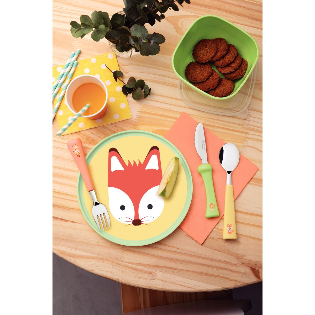 Set Infantil Tramontina Lirous Colorido 5 Piezas Cubiertos, Plato y Envase