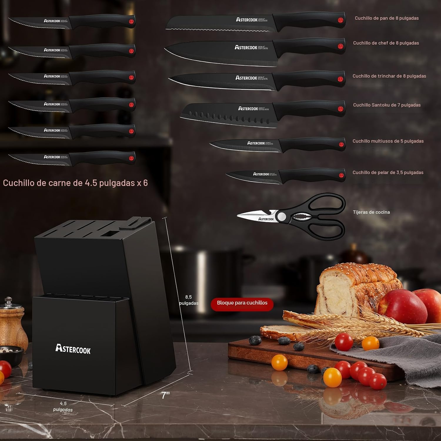 Kit de Cuchillos Astercook con Taco o Bloque 15 Piezas